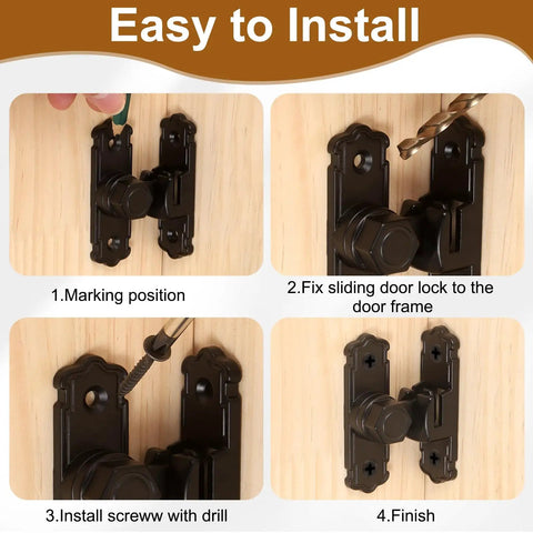 Installation steps for Premium Gold Aluminum Flip Gate Latch Set on wooden door, showing marking, fixing, and drilling process.