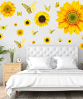 39 Piece 3D Sunflowers And Butterflies Wall Decals Set With Gold Accents above white bed in modern bedroom
