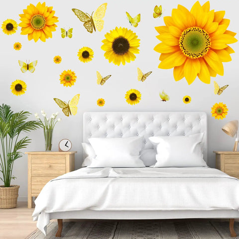 39 Piece 3D Sunflowers And Butterflies Wall Decals Set With Gold Accents above white bed in modern bedroom