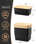 Top Tier Stackable Storage Bins With Bamboo Lids Set Of Six Heavy Duty Bpa Free Plastic Baskets, 10.4x7.2x4.2 inches, stacked view.