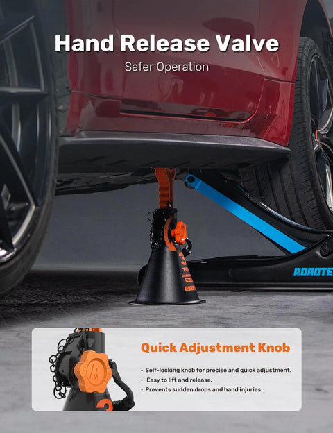 ROADTEK 3-Ton jack stands installed under a car; orange adjustment knob and black base.