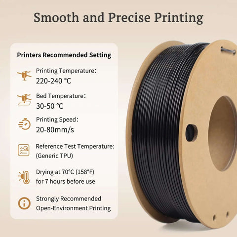 Black TPU Filament 1.75mm 250g For 3D Printers, Dope Rubber Like Flex 95A spool with printing settings chart