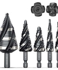 Thinkwork 5-piece HSS step drill set with spiral flutes, sizes 1/8"–1-3/8", 1/4" and 3/8" shanks, front view