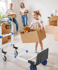 Family using 3 In 1 Aluminum Folding Hand Truck Dolly Cart With Wheels Up To 600 Lbs Capacity in home with boxes and child holding teddy bear