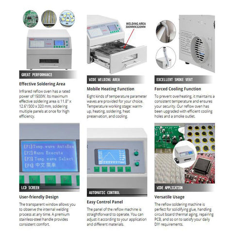 Image of Pro Grade Reflow Oven For SMD SMT PCB Soldering, 800W Infrared Heater With Auto Soldering, Hot Air Circulation features.