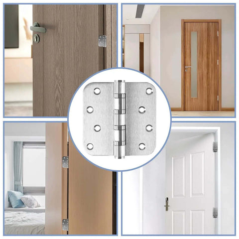 Collage showing installed Heavy Duty Stainless Steel Door Hinges Set 6 Pack, 4 By 4 Inch Brushed Nickel Ball Bearing Hinges with doors.