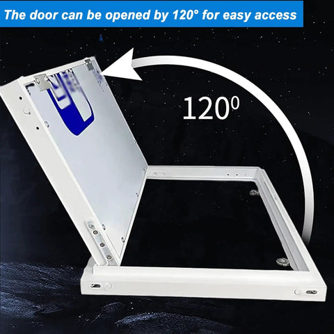 Hassle Free Paintable Drywall Access Panel 14 By 26 Inch aluminum frame opening at 120° for easy access to plumbing and electrical.
