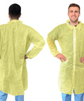 Two people wearing Yellow Disposable Lab Coats For Adults XL, 50 Pack, Knee Length, No Pockets, Elastic Wrists, Collar.