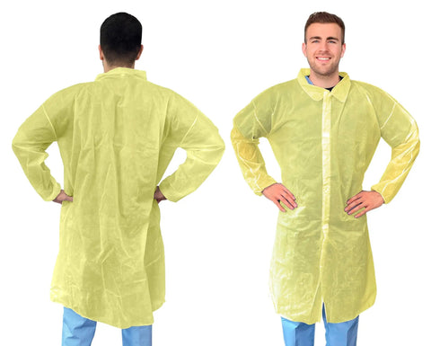 Two people wearing Yellow Disposable Lab Coats For Adults XL, 50 Pack, Knee Length, No Pockets, Elastic Wrists, Collar.