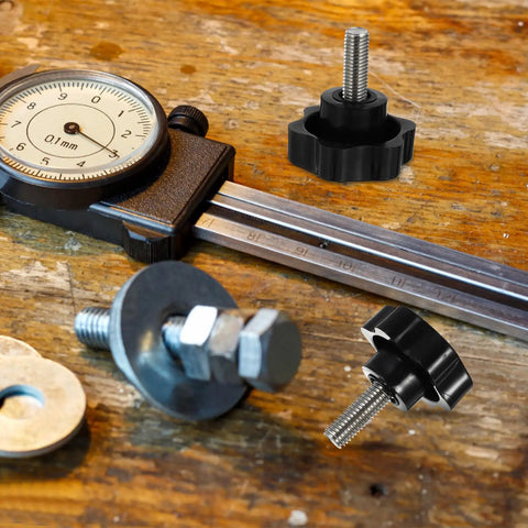Four Pack Top Shelf M10X25MM Star Clamping Knobs With 38Mm Plastic Handles for use with calipers on workbench.