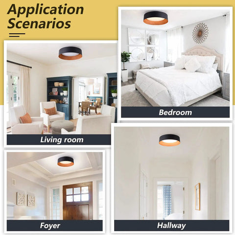 Application scenarios for Flush Mount LED Ceiling Light 13 Inch With Matte Black Finish And Wood Accent, in various rooms.