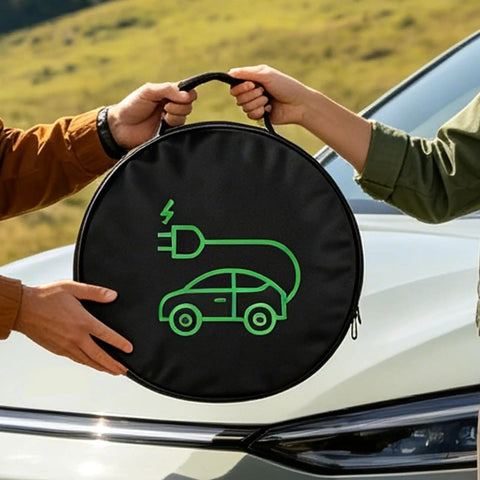 Heavy Duty EV Charger Tote Bag Made Tough With Ripstop Oxford Fabric Car Organizer Cord Hose Storage Cube being held outdoors.