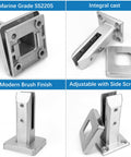 Heavy Duty 2205 Stainless Steel Glass Pool Fence Spigots 4 Pack Marine Grade Balustrade Railing Post Clamps For Balcony Garden And Deck Handrails Brushed Finish NW 2.6lb Each Level 3 Certified showing marine grade SS2205, integral cast, modern brush finish, adjustable side screws