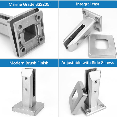 Heavy Duty 2205 Stainless Steel Glass Pool Fence Spigots 4 Pack Marine Grade Balustrade Railing Post Clamps For Balcony Garden And Deck Handrails Brushed Finish NW 2.6lb Each Level 3 Certified showing marine grade SS2205, integral cast, modern brush finish, adjustable side screws