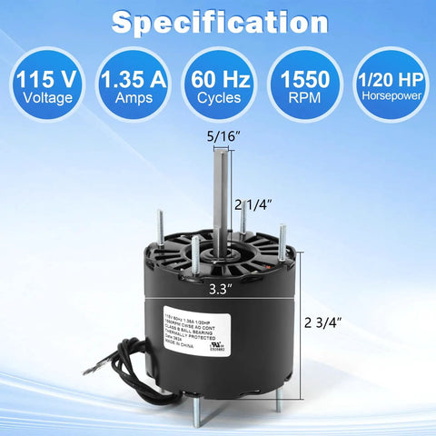 General Purpose Shaded Pole Motor 1/20 HP 1550 RPM Open Ventilated with dimensions and specs shown