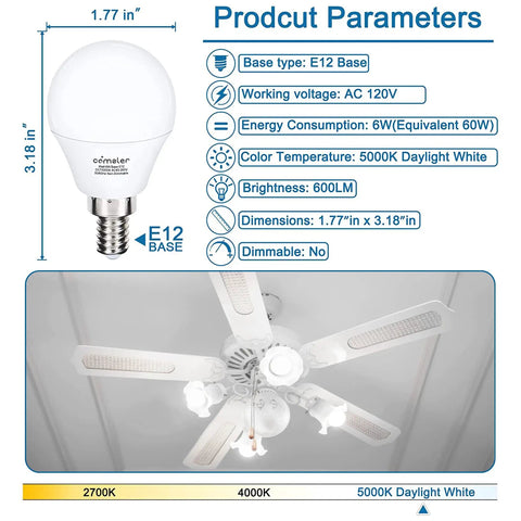 Bright 60W Equivalent E12 LED Bulb 5000K Daylight For Chandelier And Ceiling Fans, A15 Shape Small Base, Non Dimmable 6W 120V, CRI85 Plus, 600 Lumens, Eye Friendly, Well Lit, Low Flicker, 6 Pack