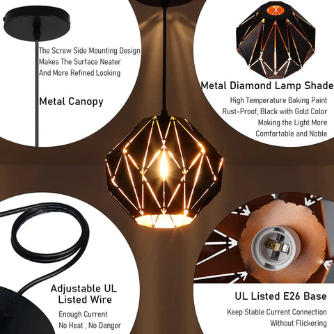 Industrial Vintage Pendant Light With Diamond Geometric Shade In Matte Black Metal Dope Retro Farmhouse Ceiling Fixture details