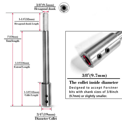 Seven Inch Long Forstner Drill Bit Extension For Three Eighths Round Or Hex Shaft showing dimensions and details for deep drilling wood.