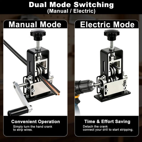 Dual Mode Switching of Badass Dual Drive Wire Stripping Machine Featuring Manual Hand Crank And Drill Power For Scrap Copper Recycling.