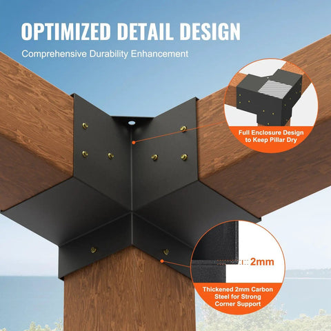 Beefy Heavy Duty 4 Piece 3 Way Corner Bracket Kit For 6x6 Posts Carbon Steel With Black Powder Coat installed on wooden beams.