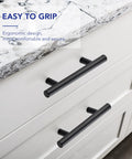 Matte Black Cabinet Handles 5 Inch Overall Length With 3 Inch Hole Centers 76 Mm Cabinet Pulls Stainless Steel Drawer Knobs installed on white dresser