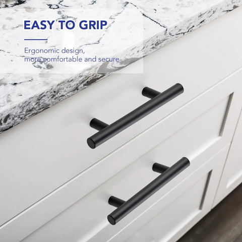 Matte Black Cabinet Handles 5 Inch Overall Length With 3 Inch Hole Centers 76 Mm Cabinet Pulls Stainless Steel Drawer Knobs installed on white dresser