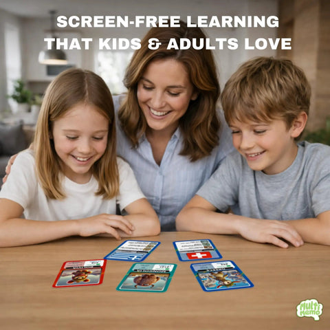 Family playing Ultimate Geography Flash Cards Set With 100 Countries Capitals Flags Maps And Continent Codes For Kids