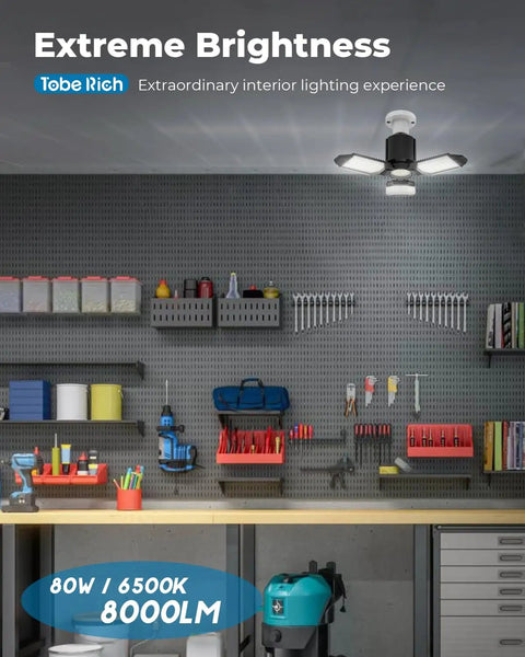 Ultra Bright LED Garage Light With 168 Chips, Three Plus One Deformable Panels, 80W 8000LM 6500K Daylight Screw In Ceiling Light