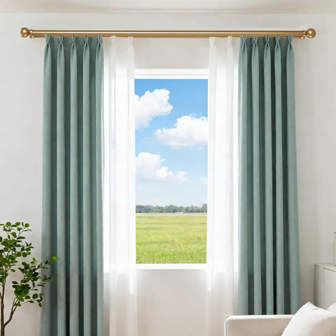 Dual Track Curtain Rod Set With Heavy Duty Aluminum Brackets For Living Room And Bedroom Silent Glide Drapery Rails For Sheer And Blackout Curtains No Fuss Easy Install Modern Finials Durable Window Treatments For Any Window, gold double rod with green and sheer curtains