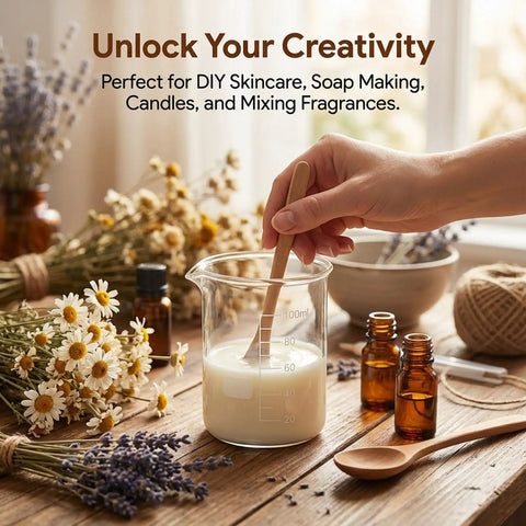 Person using the Three Piece Borosilicate Glass Beaker Set With 50ml 100ml And 250ml for candle making with flowers and essential oils.