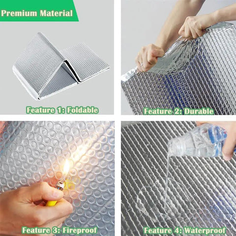 Heavy Duty Double Reflective Insulation Roll 48 By 10 Feet showing foldable, durable, fireproof, and waterproof features.