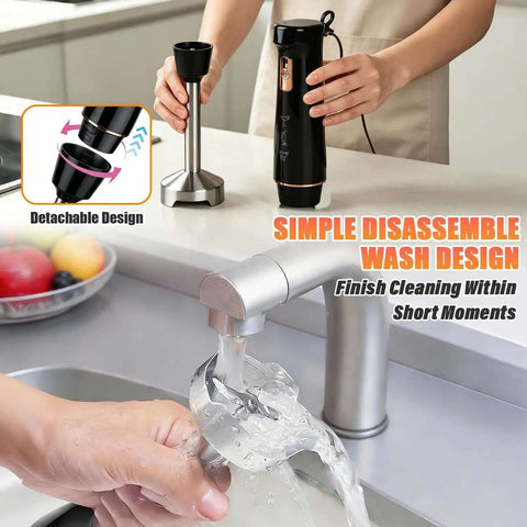 800W Corded Handheld Immersion Blender With Four Sharp Stainless Steel Blades Multi Speed Controls And One Touch Pulse For Effortless Soups And Smoothies Made Easy By This Heavy Duty Kitchen Game Changer Black, shown disassembling for easy cleaning.