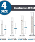 31 Piece Lab Glassware Set With Beakers Cylinders Erlenmeyer Flasks Dropper Bottles Storage Bottles Stirring Rods Droppers And Funnels For Chemistry Science Class Home Lab Use A Complete Gear Kit image of four glass graduated cylinders in different sizes labeled 10ML, 25ML, 50ML, 100ML for measuring liquids.