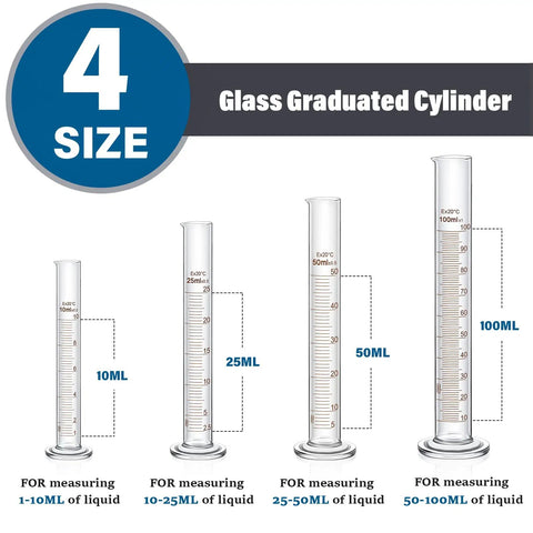 31 Piece Lab Glassware Set With Beakers Cylinders Erlenmeyer Flasks Dropper Bottles Storage Bottles Stirring Rods Droppers And Funnels For Chemistry Science Class Home Lab Use A Complete Gear Kit image of four glass graduated cylinders in different sizes labeled 10ML, 25ML, 50ML, 100ML for measuring liquids.