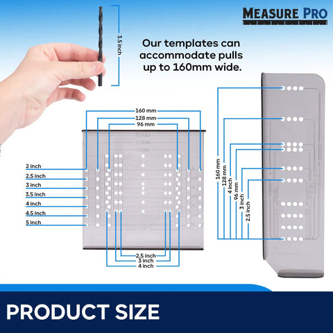 Hand holding drill bit next to cabinet door hardware template marked in inches, labeled product size.