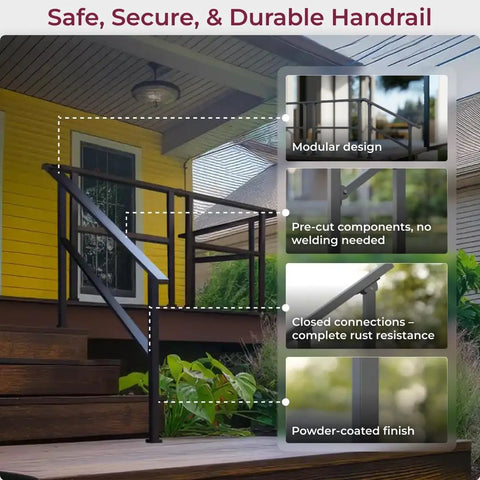 Fence And Rail Handrail Kit For Outdoor Steps And Indoor Stair Railing 1-2 Step Safety Hand Rail For Porch And Deck With 2x 36 Inch Posts, 26 Inch Top Rail, 12 Inch Middle Rail And All Mounting Hardware