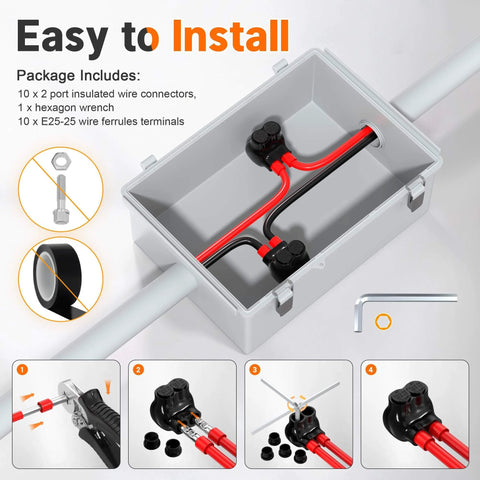 2 Port Insulated Multi Tap Wire Connector For 2 AWG To 14 AWG Aluminum To Copper Wire Adapters with Single Side Entry Slotted Allen Hex Heavy Duty Electrical Cable Connectors 10 Pack shown installed in a junction box.