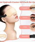 Woman wearing an eye mask from 12 Piece Castor Oil Pack Kit With Reusable Organic Cotton Wraps For All Over Body Relief From Shoulders To Toes Adjustable Compress Pads For Neck Back Waist Chest Knees And More, showing adjustable buckle and features like relief for sparse eyebrows and dark circles.