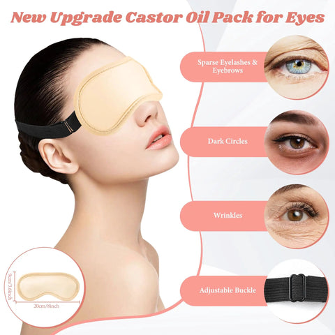 Woman wearing an eye mask from 12 Piece Castor Oil Pack Kit With Reusable Organic Cotton Wraps For All Over Body Relief From Shoulders To Toes Adjustable Compress Pads For Neck Back Waist Chest Knees And More, showing adjustable buckle and features like relief for sparse eyebrows and dark circles.