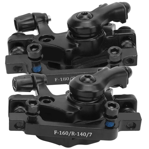Heavy Duty Mechanical Disc Brake Kit For Mountain And Folding Bikes Featuring Rock Solid Aluminum Calipers, showing detailed black calipers.