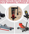 Wall Mount Floor Jack Stand Organizer Rack compatible with various horizontal hydraulic jack models.