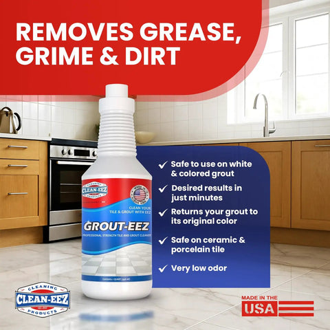 Grout Cleaner 2 Pack With Stand Up Brush Attachment For Heavy Duty Stain Removal in kitchen, 32 oz bottle on counter.