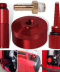 Extended Run Fuel Cap, No Mess Oil Change Funnel And Magnetic Dipstick In Red Aluminum For EU1000i EU2000i EU3000i Handi Generators Four Pack, Durable CNC Billet Aluminum Build, showing components and installation details.