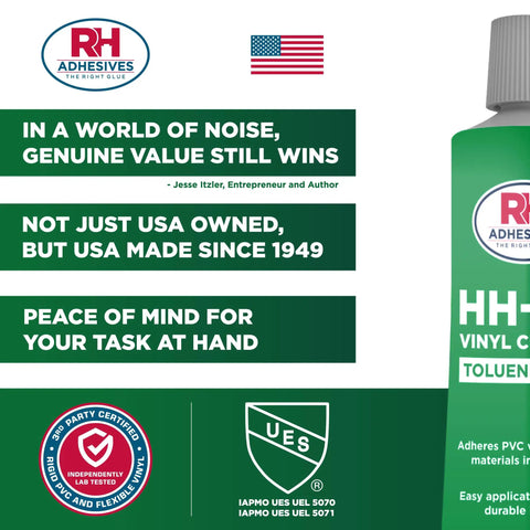 Pro Grade Toluene Free Vinyl Cement 1 Oz Adhesive label with certification logos and USA-made guarantee