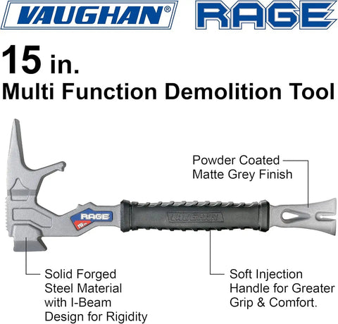 15 Inch Multi Function Demolition Tool Nail Puller With Cross Hatch Hammer for Drywall, Tile, and Wood