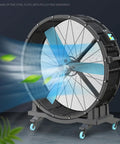Heavy Duty Industrial Shop Fan With Tough Roll Cart Base And Flexible Tilt Head Kicks Up Serious Airflow To Blast Cooling Breezes Through Busy Workspaces Right Now, made of fine steel with adjustable tilt.