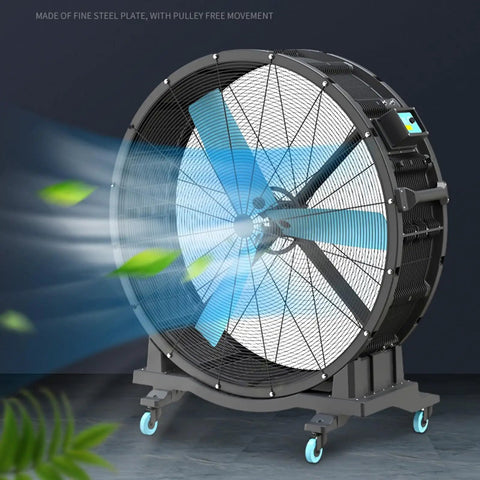 Heavy Duty Industrial Shop Fan With Tough Roll Cart Base And Flexible Tilt Head Kicks Up Serious Airflow To Blast Cooling Breezes Through Busy Workspaces Right Now, made of fine steel with adjustable tilt.