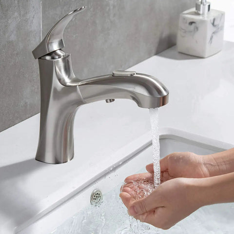 Brushed Nickel Pull Out Bathroom Faucet With 3 Spray Modes Single Hole Sink Faucet Pull Down Sprayer One Handle Modern Vanity Tap