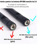 Close-up of two antennas showing SMA and RP-SMA male connectors, black with metallic ends, against a white background.