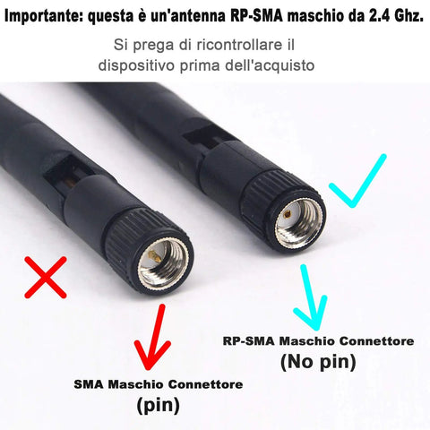 Close-up of two antennas showing SMA and RP-SMA male connectors, black with metallic ends, against a white background.
